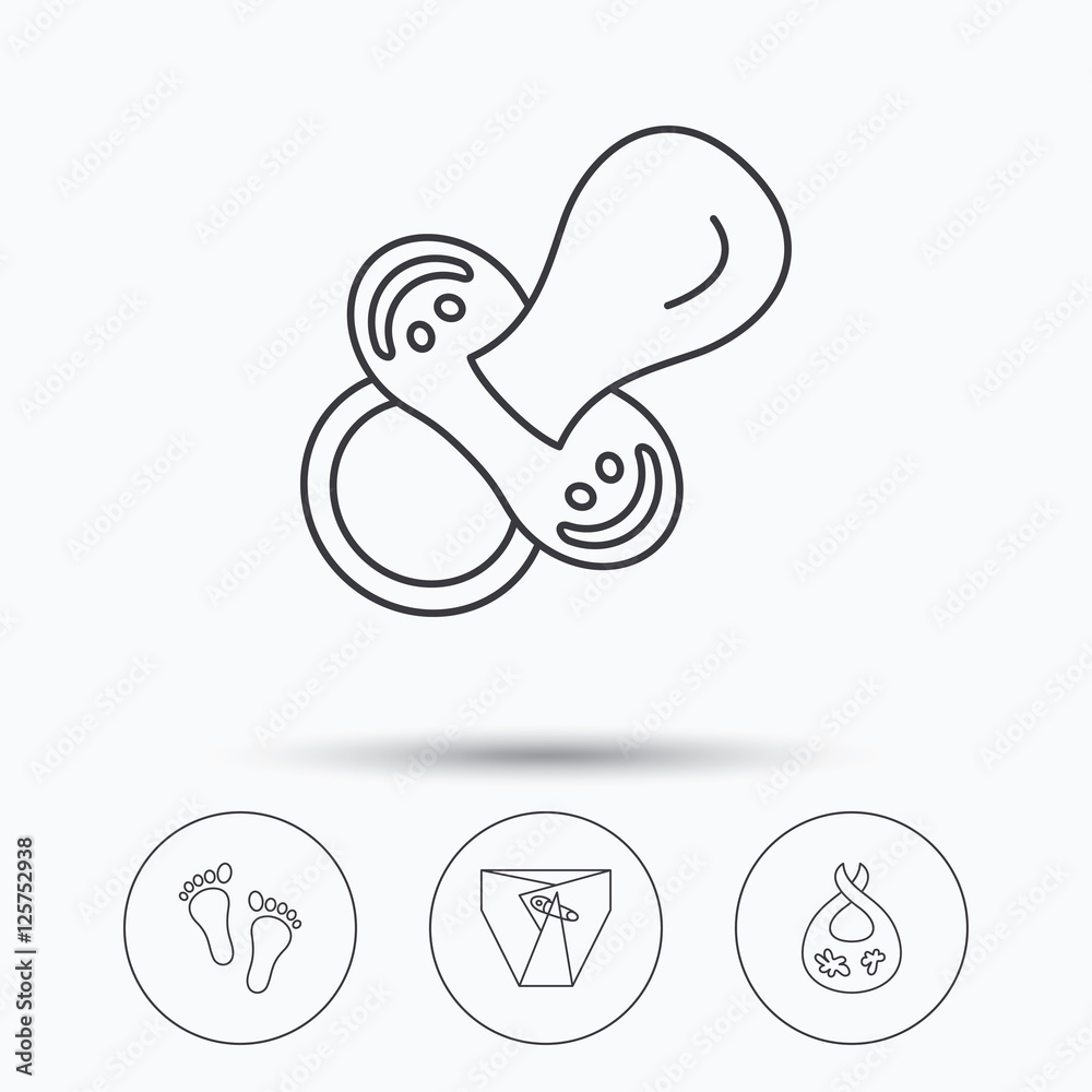 Pacifier, diapers and footprint icons. Dirty bib linear sign. Linear icons in circle buttons. Flat web symbols. Vector Pacifier, diapers and footprint icons. Dirty bib linear sign. Linear icons in circle buttons. Flat web symbols. Vector