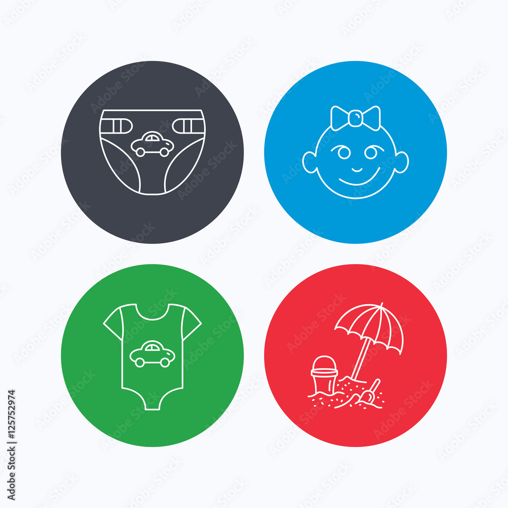 Newborn clothes, diapers and baby girl icons. Beach games linear sign. Linear icons on colored buttons. Flat web symbols. Vector