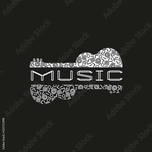 Template Design Poster with doodle acoustic guitar silhouette. Vintage music icon. Black white musical instrument logo in Swiss international style. Modern Memphis pattern. Vector illustration