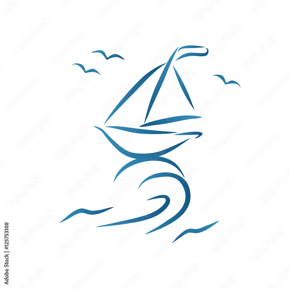 Nautic brush style drawing. Hand drawn scetch of stylized abstract sailboat on sea wave. Idea for design element of advertisement poster banner t-shirt print internet site icon. Vector illustration.