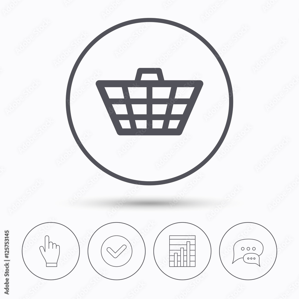Basket icon. Shopping cart symbol. Chat speech bubbles. Check tick, report chart and hand click. Linear icons. Vector Basket icon. Shopping cart symbol. Chat speech bubbles. Check tick, report chart and hand click. Linear icons. Vector