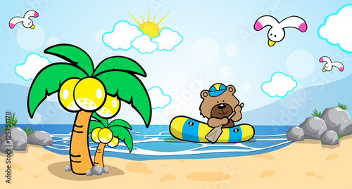 Teddy bear with rubber boat at beach vector illustration