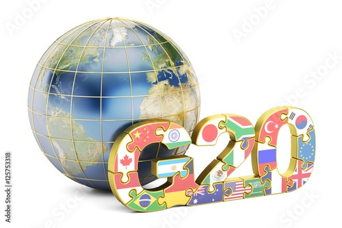 G20 concept with globe, 3D rendering photo