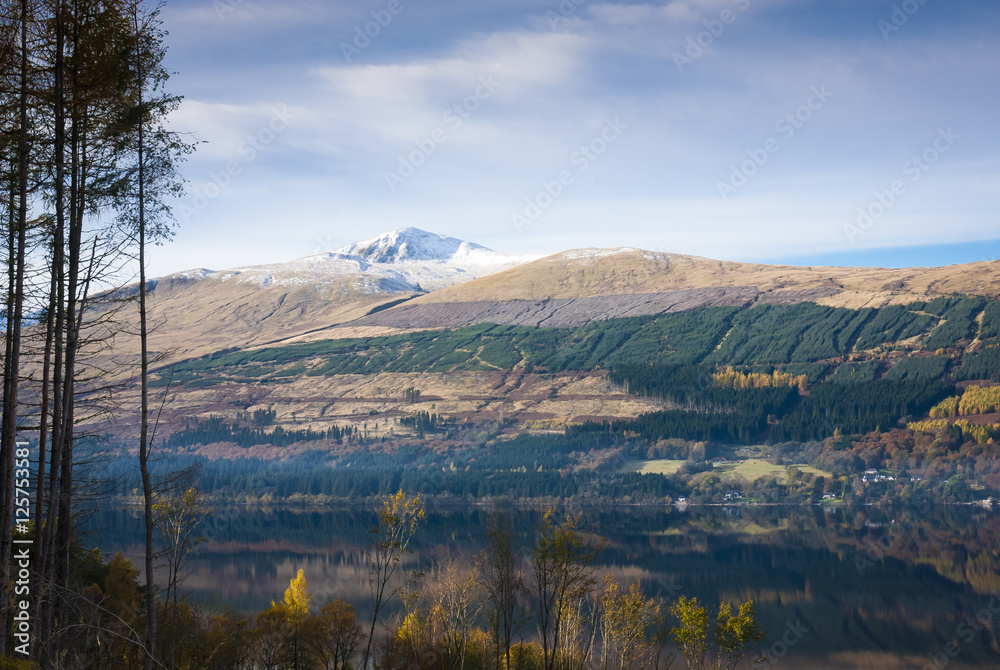 A landscape image looking north across Loch Tay towards Ben Lawers, Scotland.