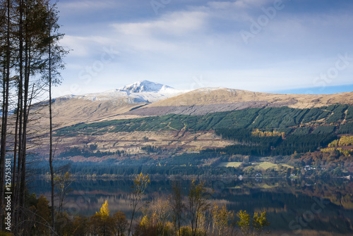 A landscape image looking north across Loch Tay towards Ben Lawers, Scotland.