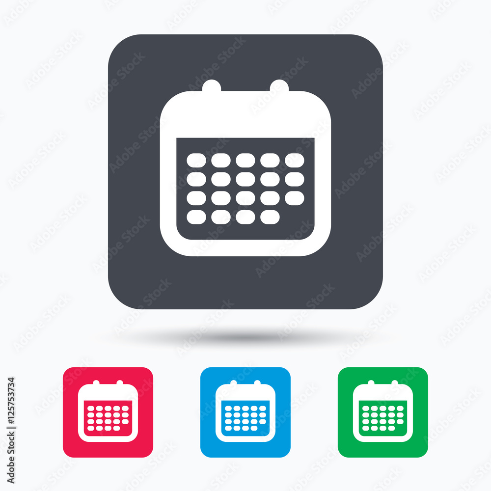 Calendar icon. Events reminder symbol. Colored square buttons with flat web icon. Vector Calendar icon. Events reminder symbol. Colored square buttons with flat web icon. Vector