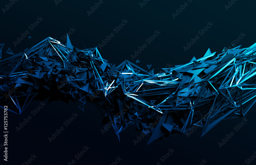 Fototapeta Abstrakcjonistyczny 3d rendering chaotyczna powierzchnia. Współczesne tło z futurystycznym kształcie wielokąta. Zniekształcony obiekt low poly z ostrymi liniami.