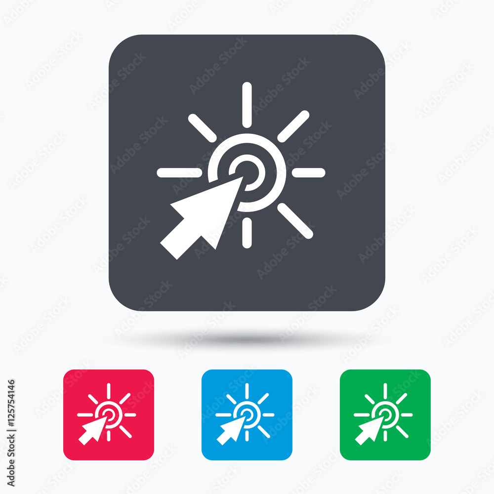 Click icon. Computer mouse cursor symbol. Colored square buttons with flat web icon. Vector
