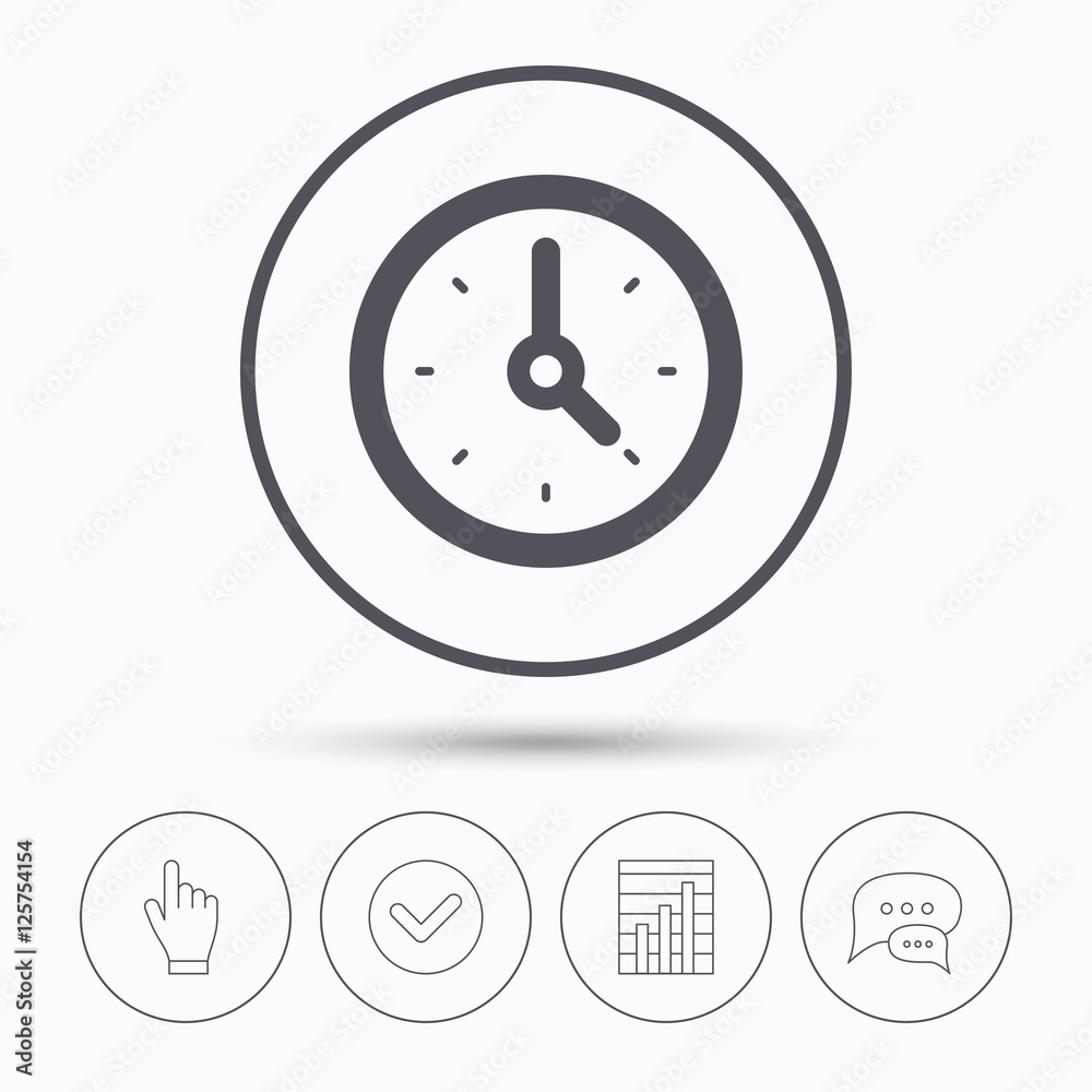Clock icon. Mechanical watch symbol. Chat speech bubbles. Check tick, report chart and hand click. Linear icons. Vector