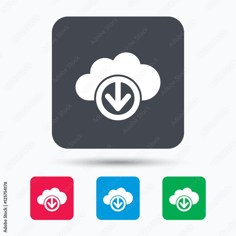 Download from cloud icon. Data storage technology symbol. Colored square buttons with flat web icon. Vector Download from cloud icon. Data storage technology symbol. Colored square buttons with flat web icon. Vector