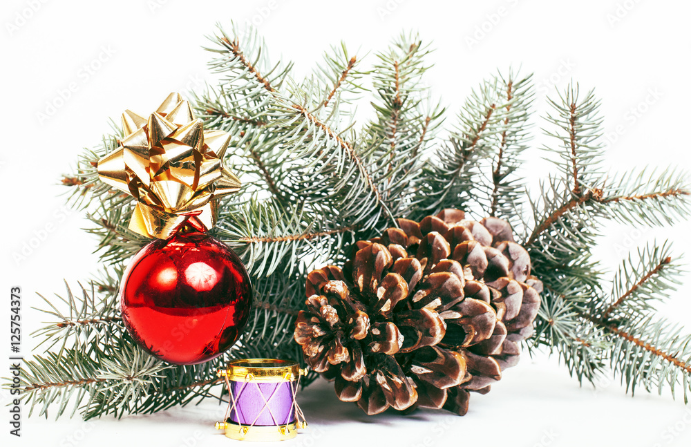 new year celebration, Christmas holiday stuff, tree, toys, decoration pattern isolated on white background, post card concept - obrazy, fototapety, plakaty 