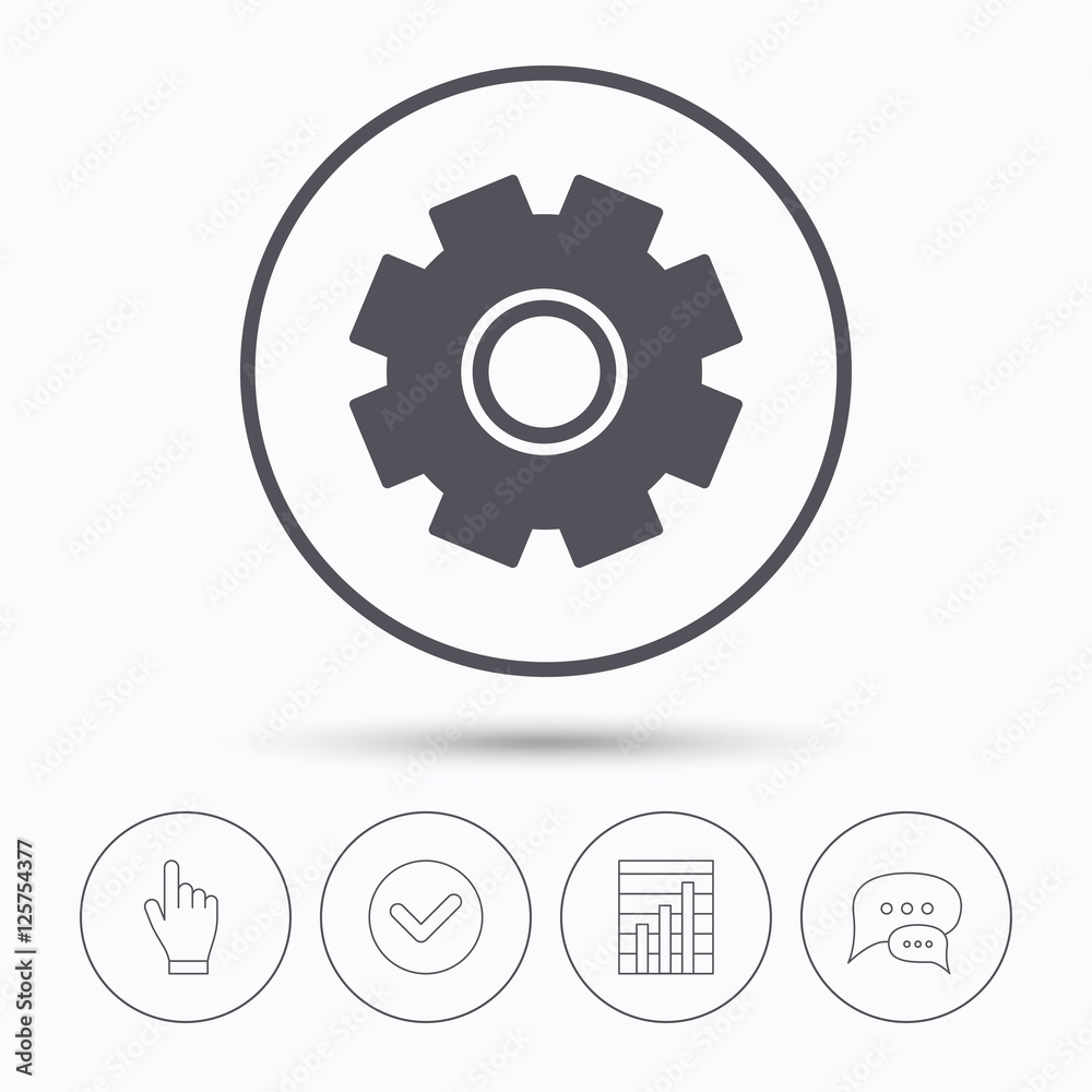 Cogwheel icon. Repair service symbol. Chat speech bubbles. Check tick, report chart and hand click. Linear icons. Vector Cogwheel icon. Repair service symbol. Chat speech bubbles. Check tick, report chart and hand click. Linear icons. Vector