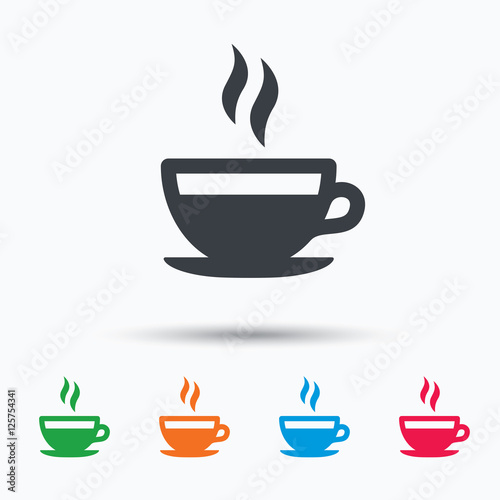 Coffee cup icon. Hot tea drink symbol. Colored flat web icon on white background. Vector