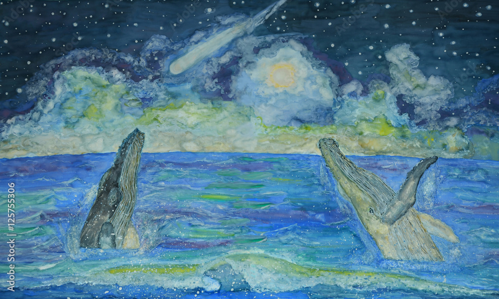 Naklejka premium Wish upon a star. A hand drawn image (gouache) of whales jumping out of water at night to watch a falling star. Make a wish on a shooting star