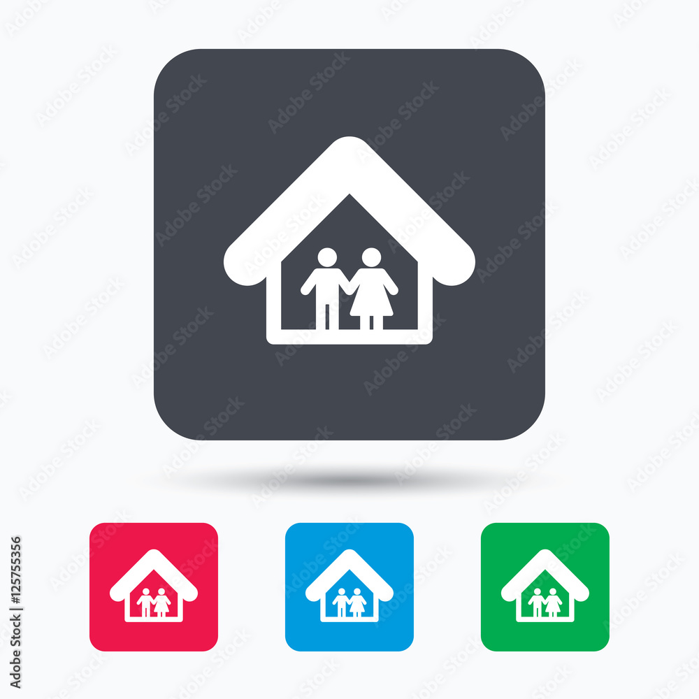 Family icon. Father and mother in home symbol. Colored square buttons with flat web icon. Vector Family icon. Father and mother in home symbol. Colored square buttons with flat web icon. Vector