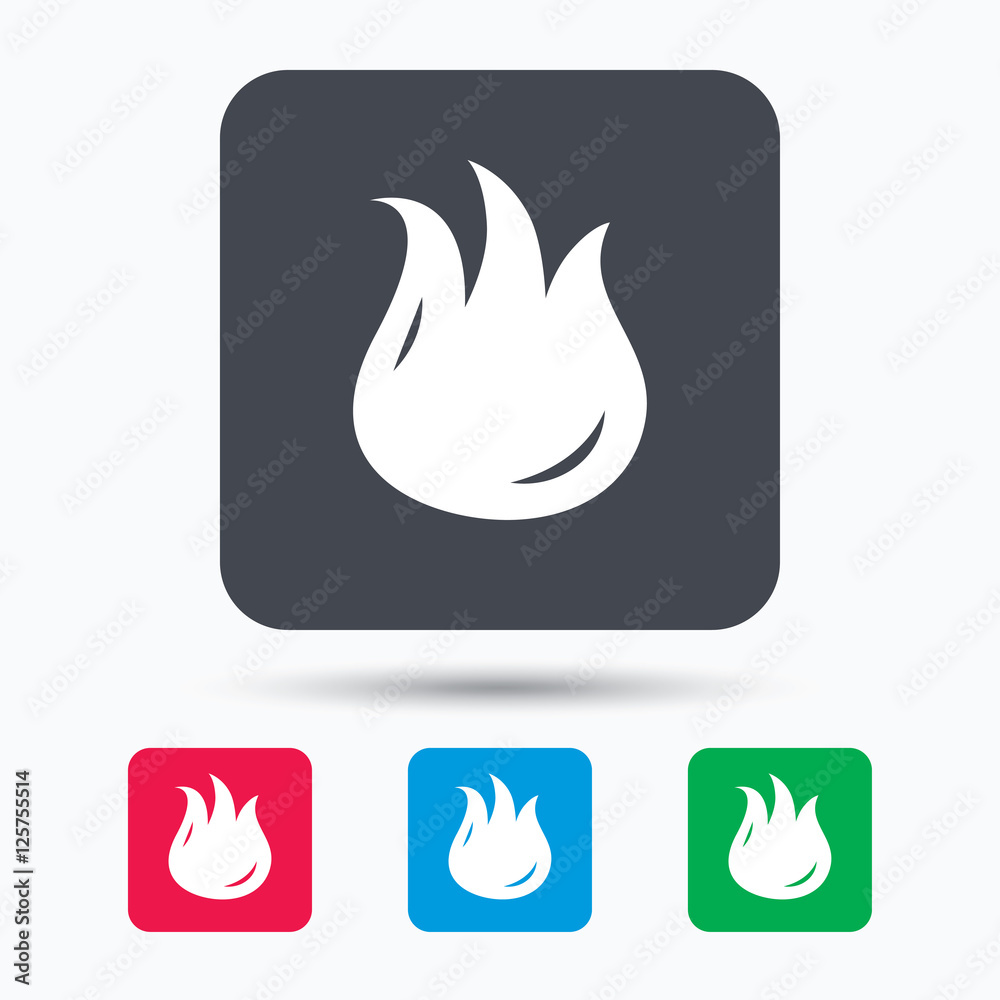 Fire icon. Blazing bonfire flame symbol. Colored square buttons with flat web icon. Vector Fire icon. Blazing bonfire flame symbol. Colored square buttons with flat web icon. Vector