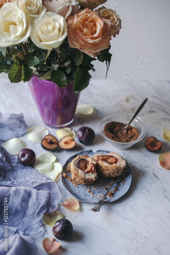 Croation dessert of potato dumplings with plums photo