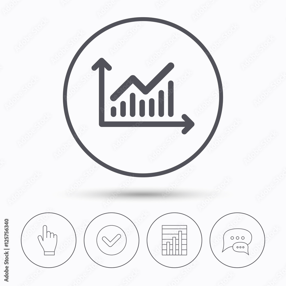 Graph icon. Business analytics chart symbol. Chat speech bubbles. Check tick, report chart and hand click. Linear icons. Vector Graph icon. Business analytics chart symbol. Chat speech bubbles. Check tick, report chart and hand click. Linear icons. Vector
