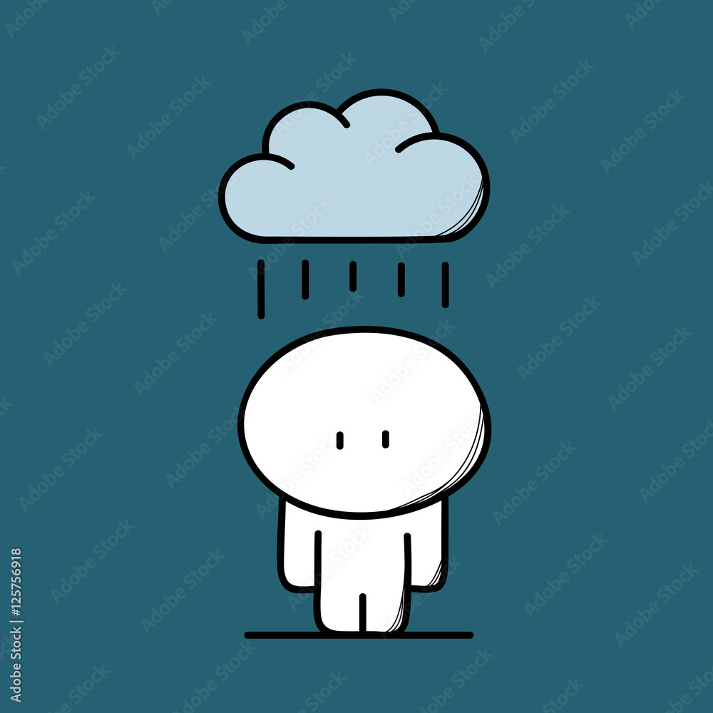 Cute sad man with the cloud and rain on the blue background. Sadness and  rainy autumn - cartoon vector illustration. Stock Vector | Adobe Stock