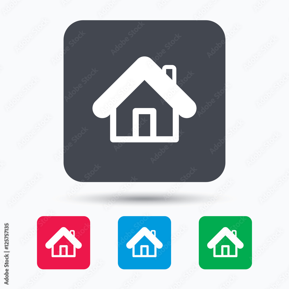 Home icon. House building symbol. Real estate construction. Colored square buttons with flat web icon. Vector Home icon. House building symbol. Real estate construction. Colored square buttons with flat web icon. Vector