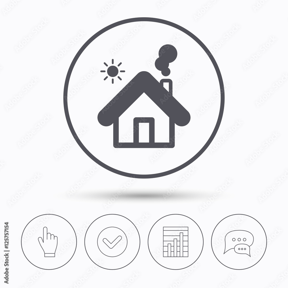 Home icon. House building symbol. Real estate construction. Chat speech bubbles. Check tick, report chart and hand click. Linear icons. Vector Home icon. House building symbol. Real estate construction. Chat speech bubbles. Check tick, report chart and hand click. Linear icons. Vector