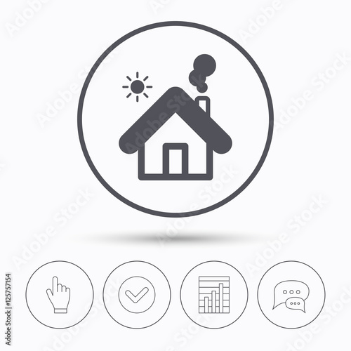 Home icon. House building symbol. Real estate construction. Chat speech bubbles. Check tick, report chart and hand click. Linear icons. Vector