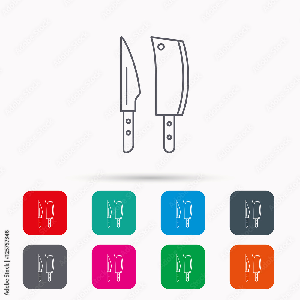 Butcher and kitchen knives icon. Chef tools symbol. Linear icons in squares on white background. Flat web symbols. Vector Butcher and kitchen knives icon. Chef tools symbol. Linear icons in squares on white background. Flat web symbols. Vector