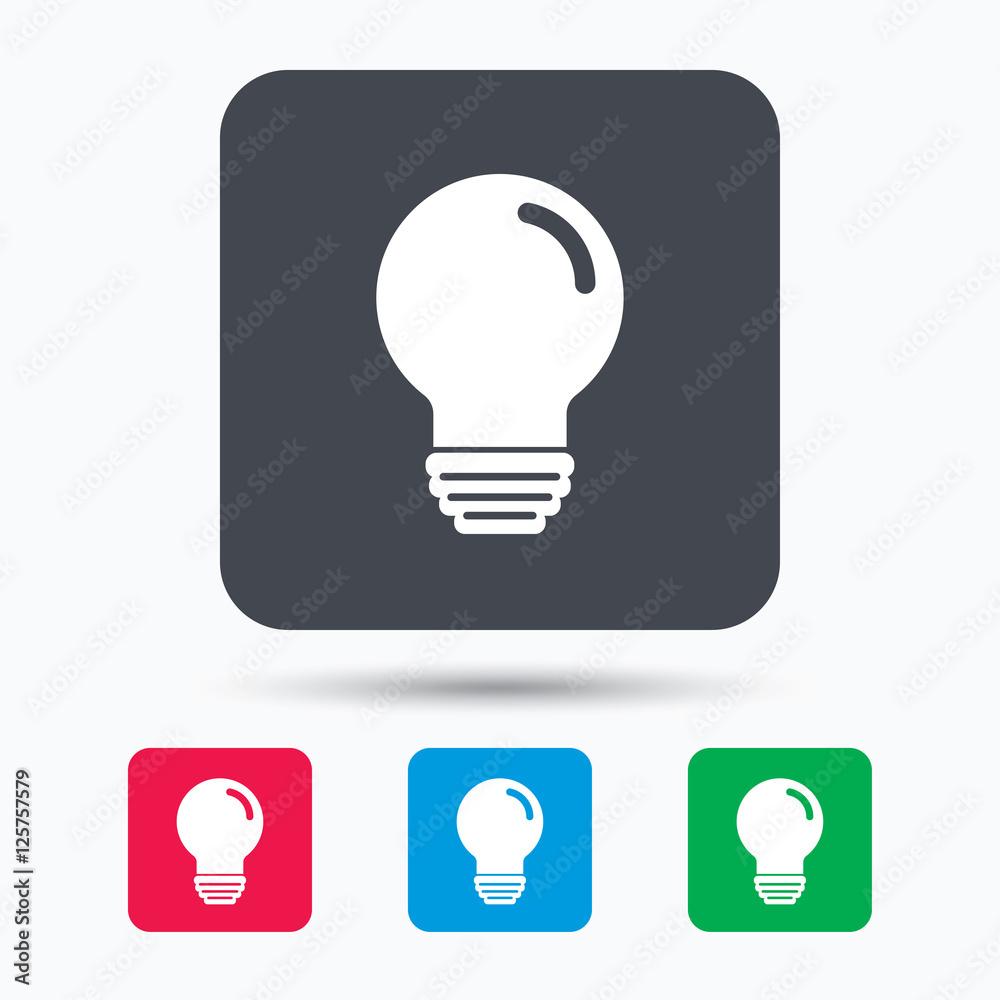 Light bulb icon. Lamp sign. Illumination technology symbol. Colored square buttons with flat web icon. Vector Light bulb icon. Lamp sign. Illumination technology symbol. Colored square buttons with flat web icon. Vector