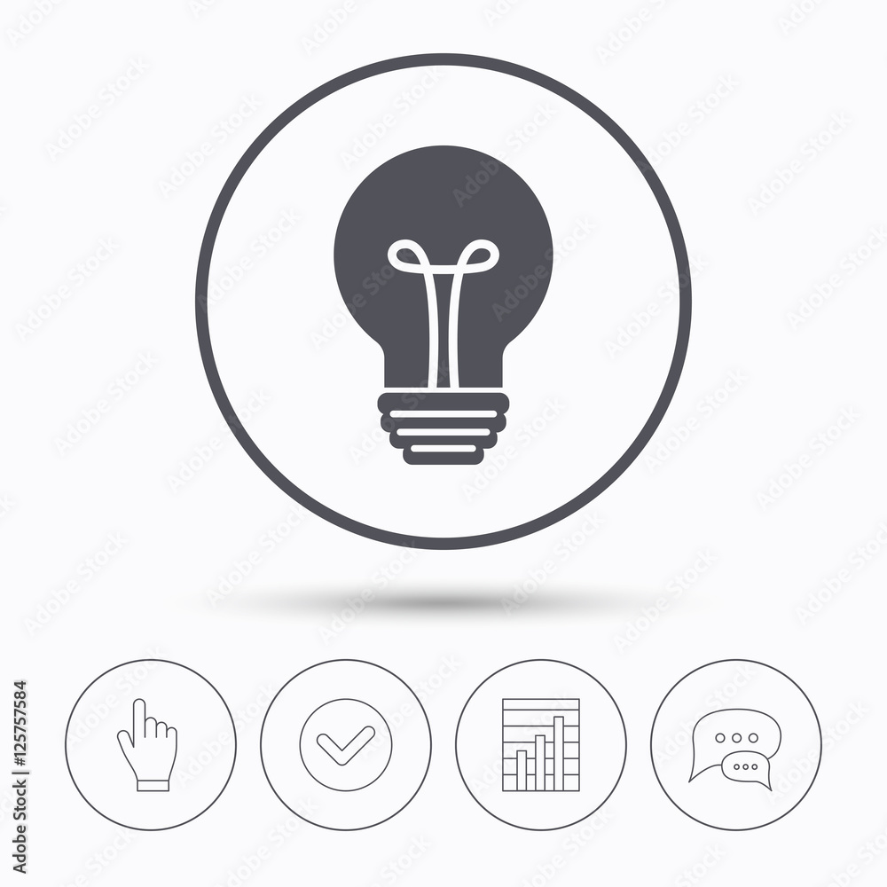 Light bulb icon. Lamp sign. Illumination technology symbol. Chat speech bubbles. Check tick, report chart and hand click. Linear icons. Vector Light bulb icon. Lamp sign. Illumination technology symbol. Chat speech bubbles. Check tick, report chart and hand click. Linear icons. Vector
