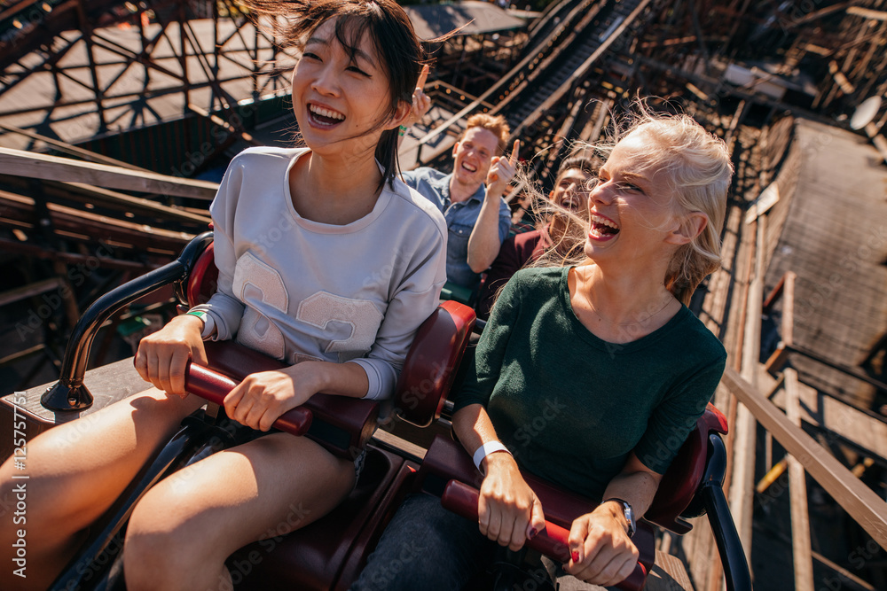 Smiling young people riding a roller coaster Stock Photo | Adobe Stock
