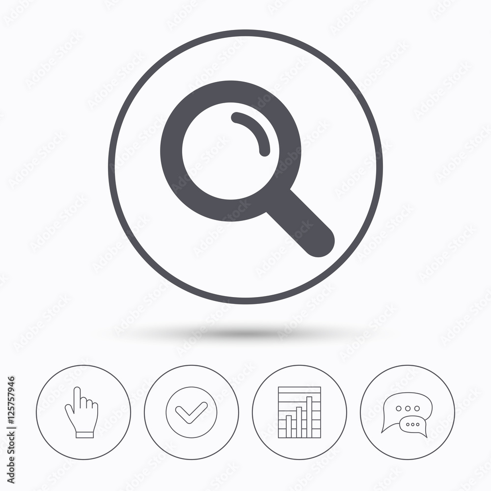 Magnifier icon. Search magnifying glass symbol. Chat speech bubbles. Check tick, report chart and hand click. Linear icons. Vector Magnifier icon. Search magnifying glass symbol. Chat speech bubbles. Check tick, report chart and hand click. Linear icons. Vector