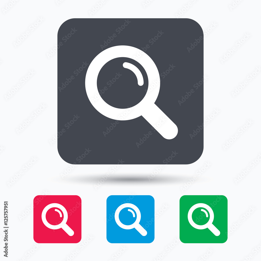 Magnifier icon. Search magnifying glass symbol. Colored square buttons with flat web icon. Vector Magnifier icon. Search magnifying glass symbol. Colored square buttons with flat web icon. Vector