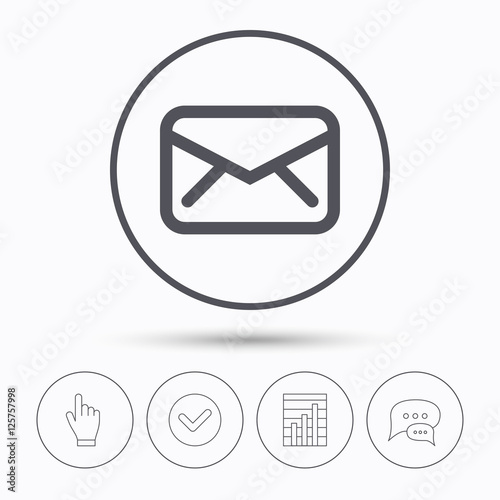 Envelope icon. Send email message sign. Internet mailing symbol. Chat speech bubbles. Check tick, report chart and hand click. Linear icons. Vector