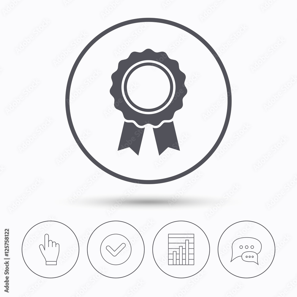 Medal icon. Winner award emblem symbol. Chat speech bubbles. Check tick, report chart and hand click. Linear icons. Vector
