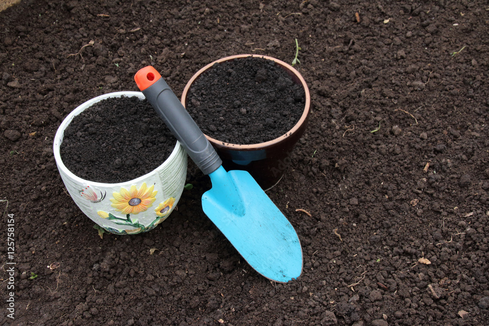 Ceramic flowerpots filled with the fresh soil for planting and a garden trowel in the polycarbonate greenhouse prepared for wintering Ceramic flowerpots filled with the fresh soil for planting and a garden trowel in the polycarbonate greenhouse prepared for wintering
