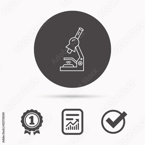 Microscope icon. Medical laboratory equipment sign. Pathology or scientific symbol. Report document, winner award and tick. Round circle button with icon. Vector