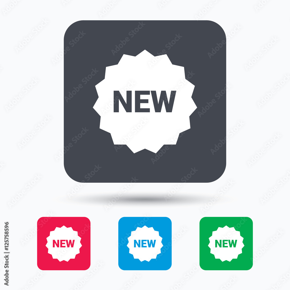 New icon. Special offer star symbol. Colored square buttons with flat web icon. Vector New icon. Special offer star symbol. Colored square buttons with flat web icon. Vector