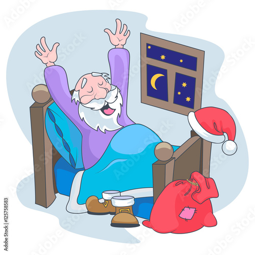 Santa Claus wakes up and stretches in bed