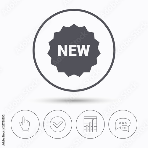 New icon. Special offer star symbol. Chat speech bubbles. Check tick, report chart and hand click. Linear icons. Vector