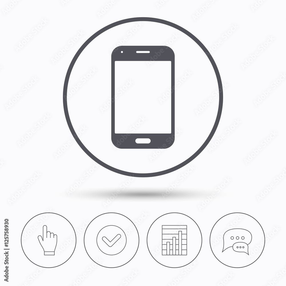 Smartphone icon. Mobile phone communication symbol. Chat speech bubbles. Check tick, report chart and hand click. Linear icons. Vector Smartphone icon. Mobile phone communication symbol. Chat speech bubbles. Check tick, report chart and hand click. Linear icons. Vector