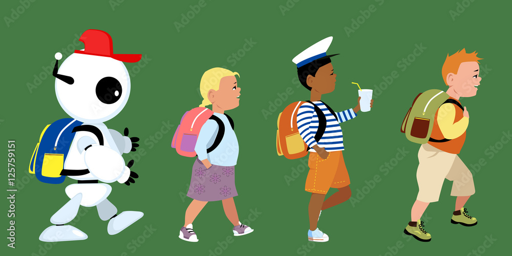 Fototapeta premium Cute robot going to school together with little kids, EPS 8 vector illustration