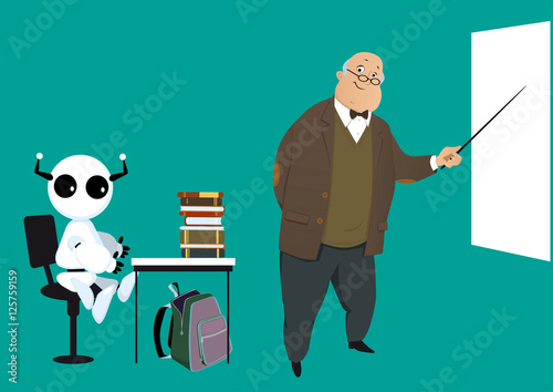 Robot sitting at the desk in a classroom in front of a teacher, pointing at a board, EPS 8 vector illustration
