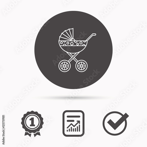 Pram icon. Newborn stroller sign. Child buggy transportation symbol. Report document, winner award and tick. Round circle button with icon. Vector
