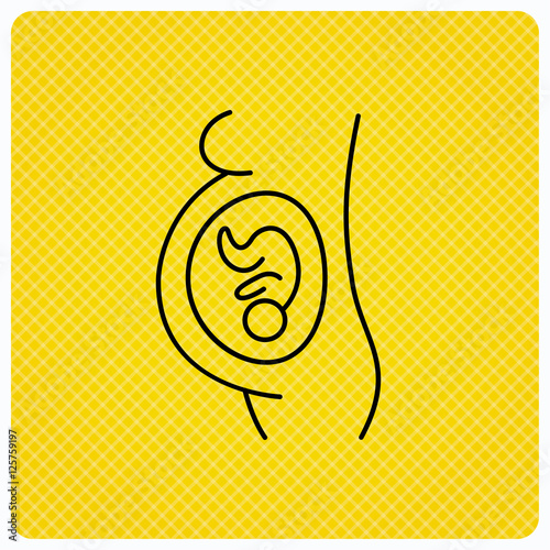 Pregnancy icon. Medical genecology sign. Obstetrics symbol. Linear icon on orange background. Vector photo