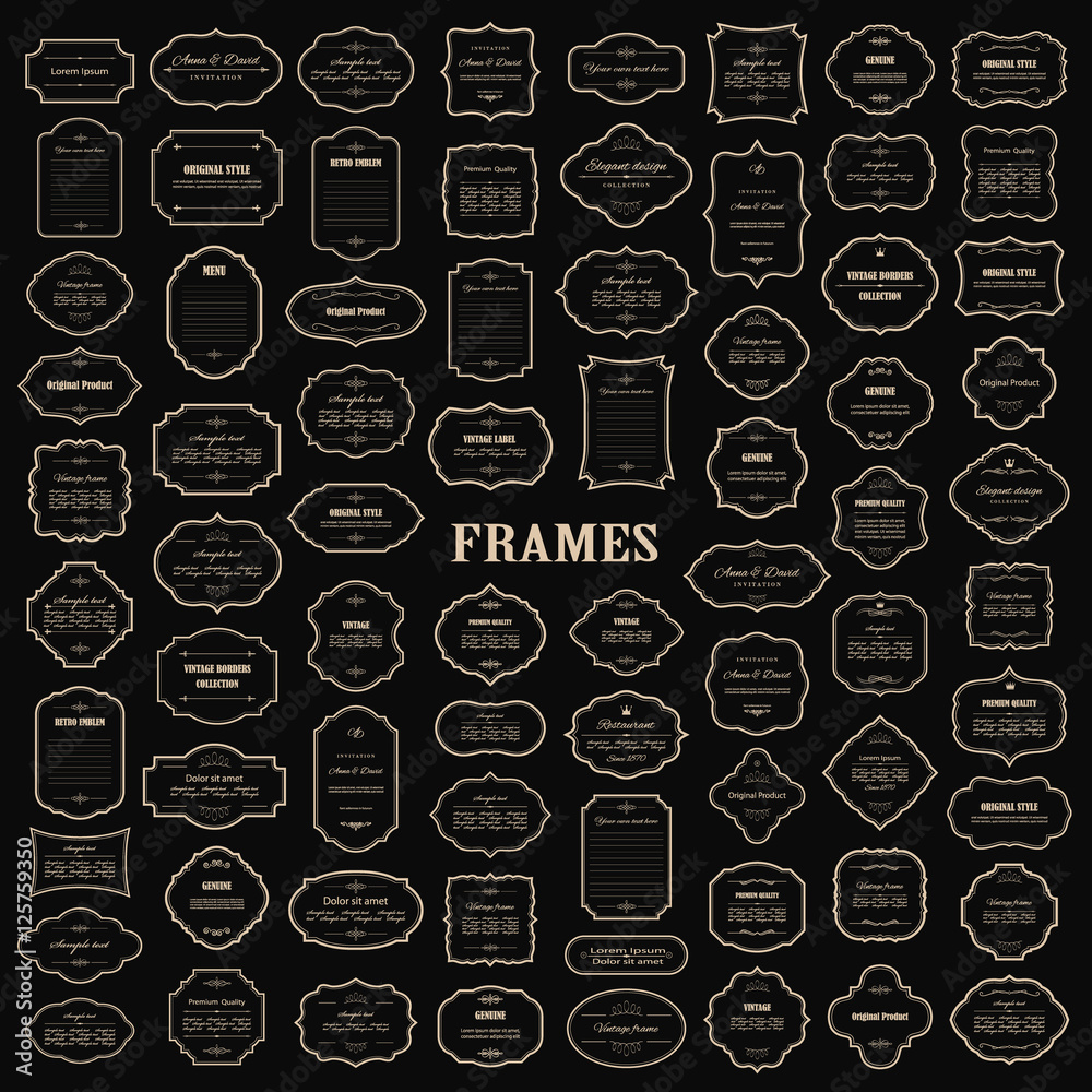 Frames, labels with decorative elements and sample text mega set on black.