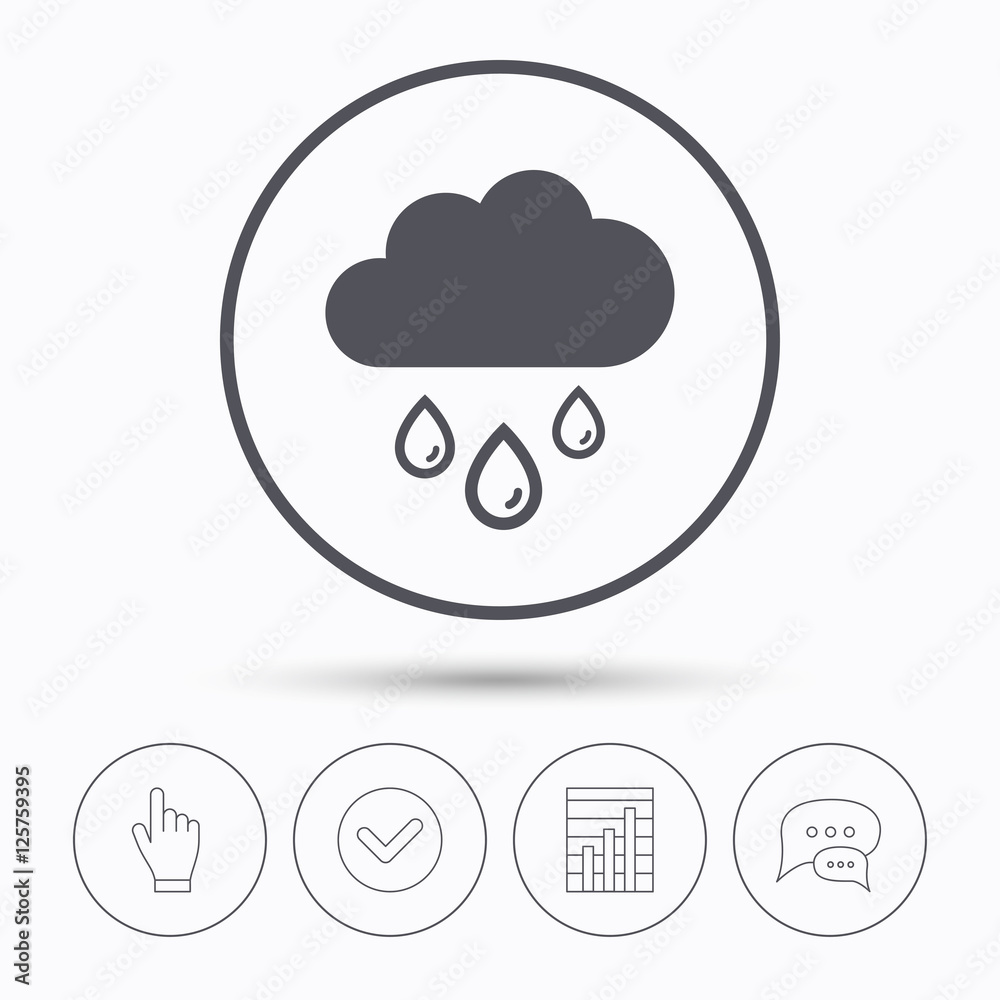 Cloud with rain drops icon. Rainy day symbol. Chat speech bubbles. Check tick, report chart and hand click. Linear icons. Vector Cloud with rain drops icon. Rainy day symbol. Chat speech bubbles. Check tick, report chart and hand click. Linear icons. Vector