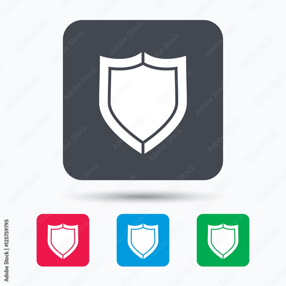 Shield protection icon. Defense equipment symbol. Colored square buttons with flat web icon. Vector Shield protection icon. Defense equipment symbol. Colored square buttons with flat web icon. Vector