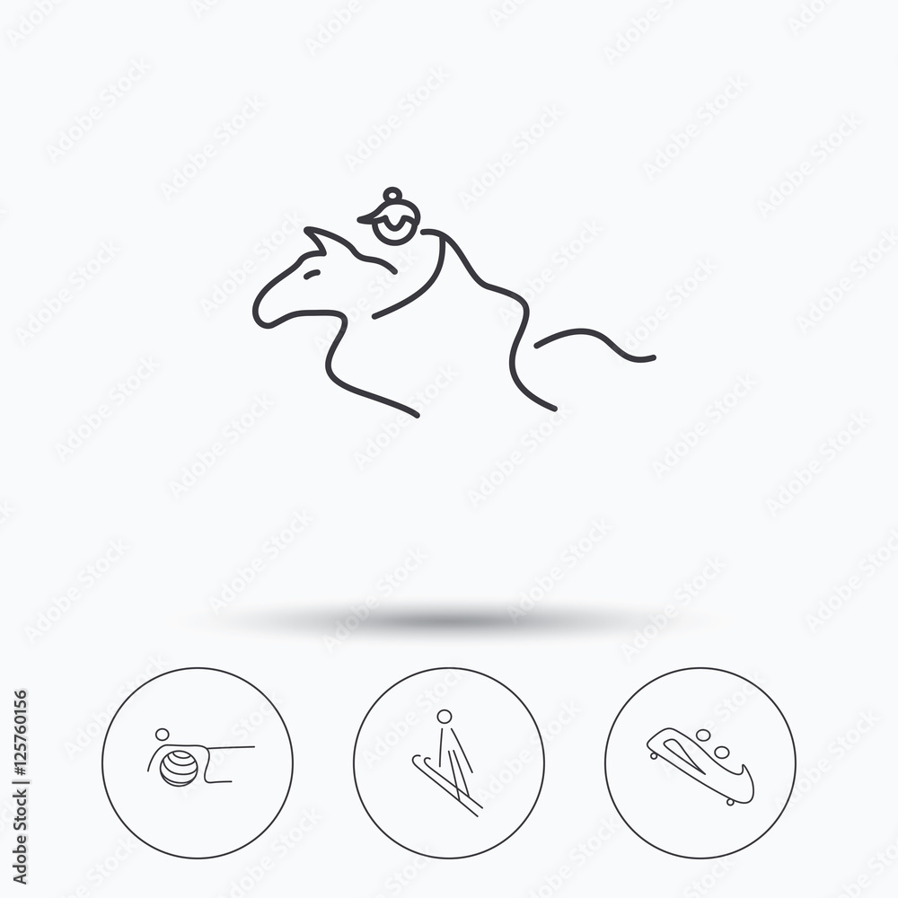 Pilates, bobsled and horseback riding icons. Ski jumping linear sign. Linear icons in circle buttons. Flat web symbols. Vector