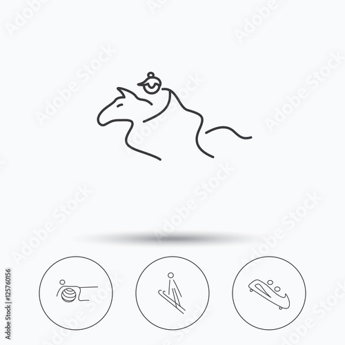 Pilates, bobsled and horseback riding icons. Ski jumping linear sign. Linear icons in circle buttons. Flat web symbols. Vector