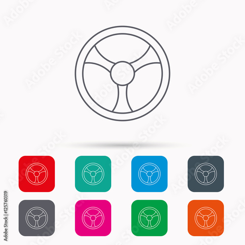 Steering wheel icon. Car drive control sign. Linear icons in squares on white background. Flat web symbols. Vector